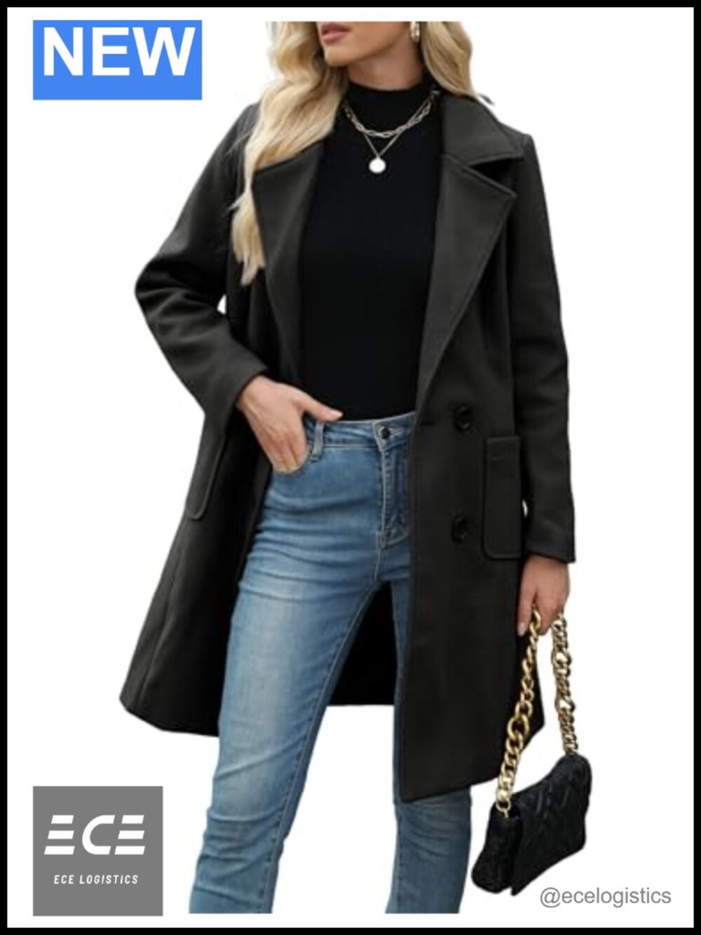 Wool Blend Mid-Long Pea Coat Double Breasted Notch Lapel Winter Jacket